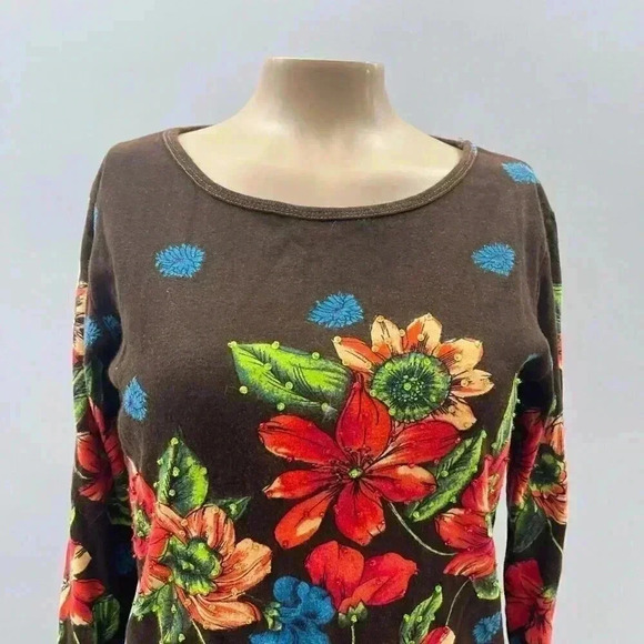 Vintage Y2K Top Size M Take Two Floral Beaded 3/4 Sleeve Short Boho Whimsy - Picture 7 of 9